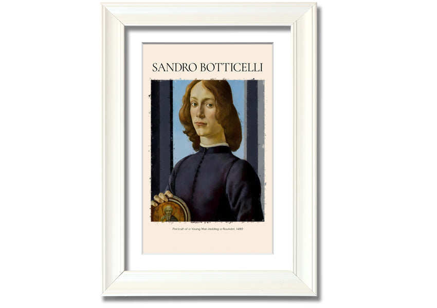 A detailed reproduction of Botticelli's Portrait Of A Young Man Holding A Roundel, showcasing vibrant colors and intricate details.